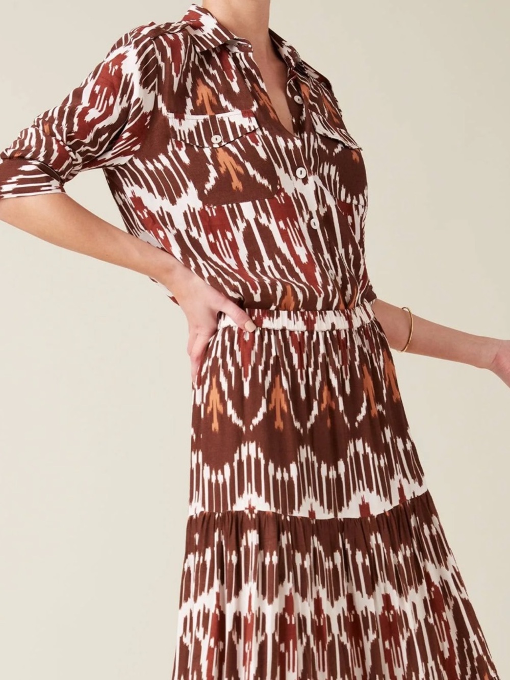 Figue Button-Up Blouse In Dylan Brown Ikat Print S